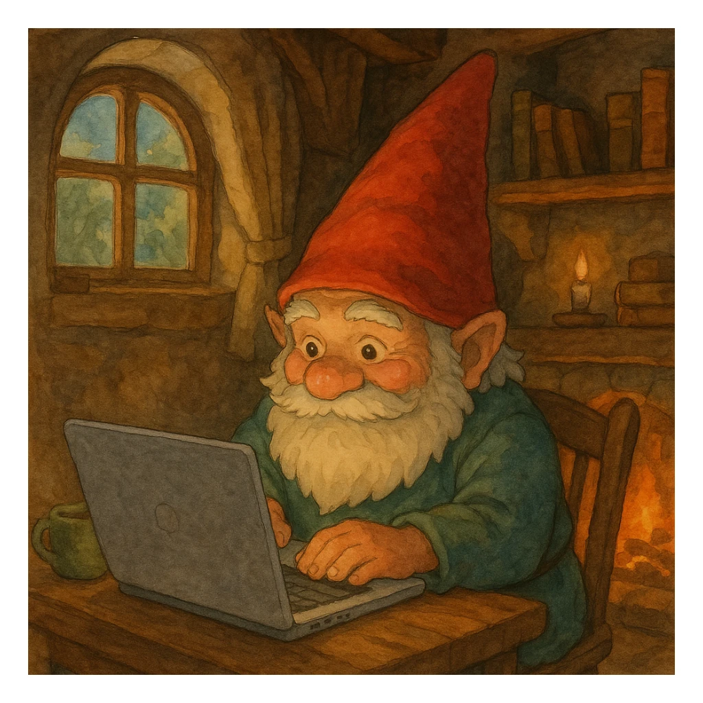 a gnome at a laptop, with a cozy, fantasy-inspired setting sticker