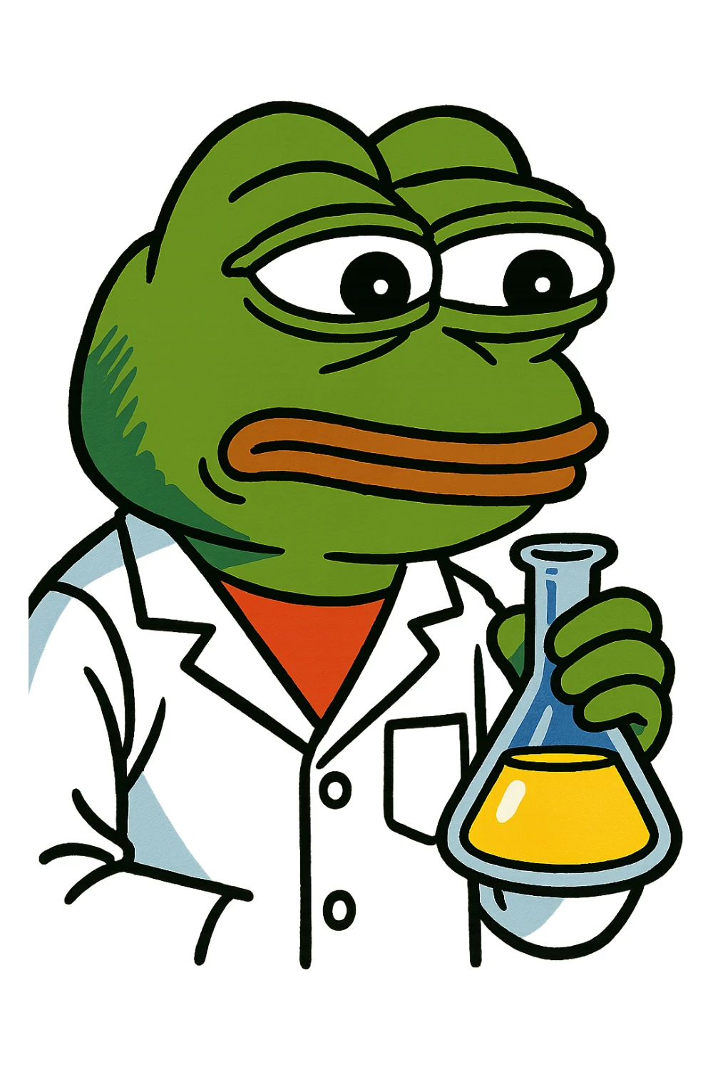 Pepe the Frog as a scientist with lab coat and beaker, meme style sticker
