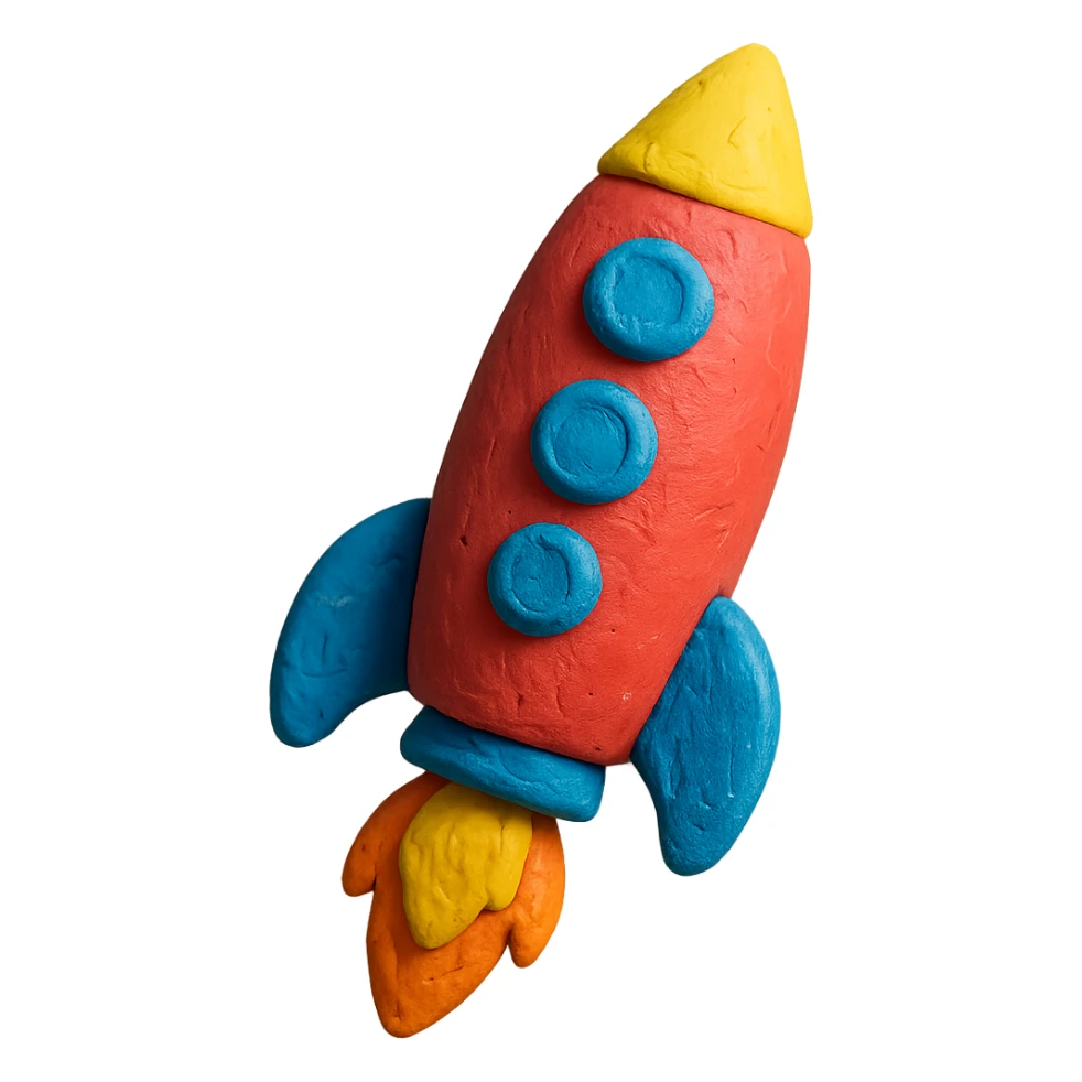 rocket ship, vibrant colors, floating, claymation style, visible fingerprints, soft lighting sticker