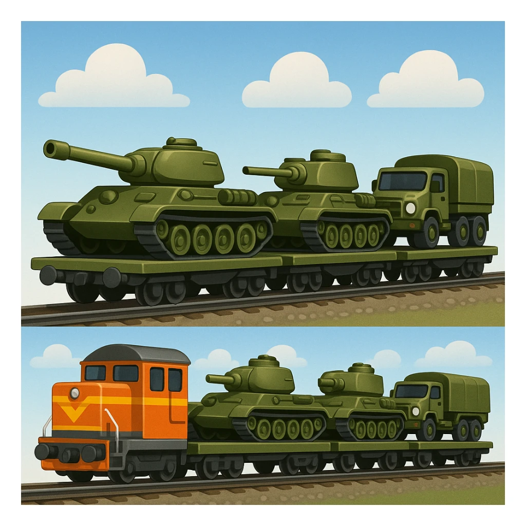 Create a realistic ordinary cargo train transporting military equipment such as tanks and trucks in a classic emoji style. This is variant 2 of the design. sticker