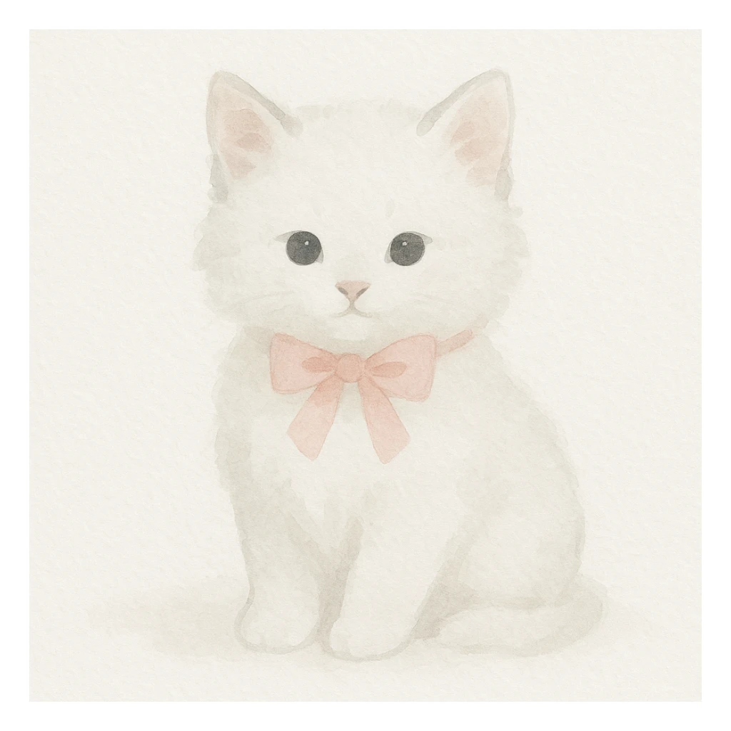 cute fluffy white kitten with a light pink bow, watercolor art style sticker