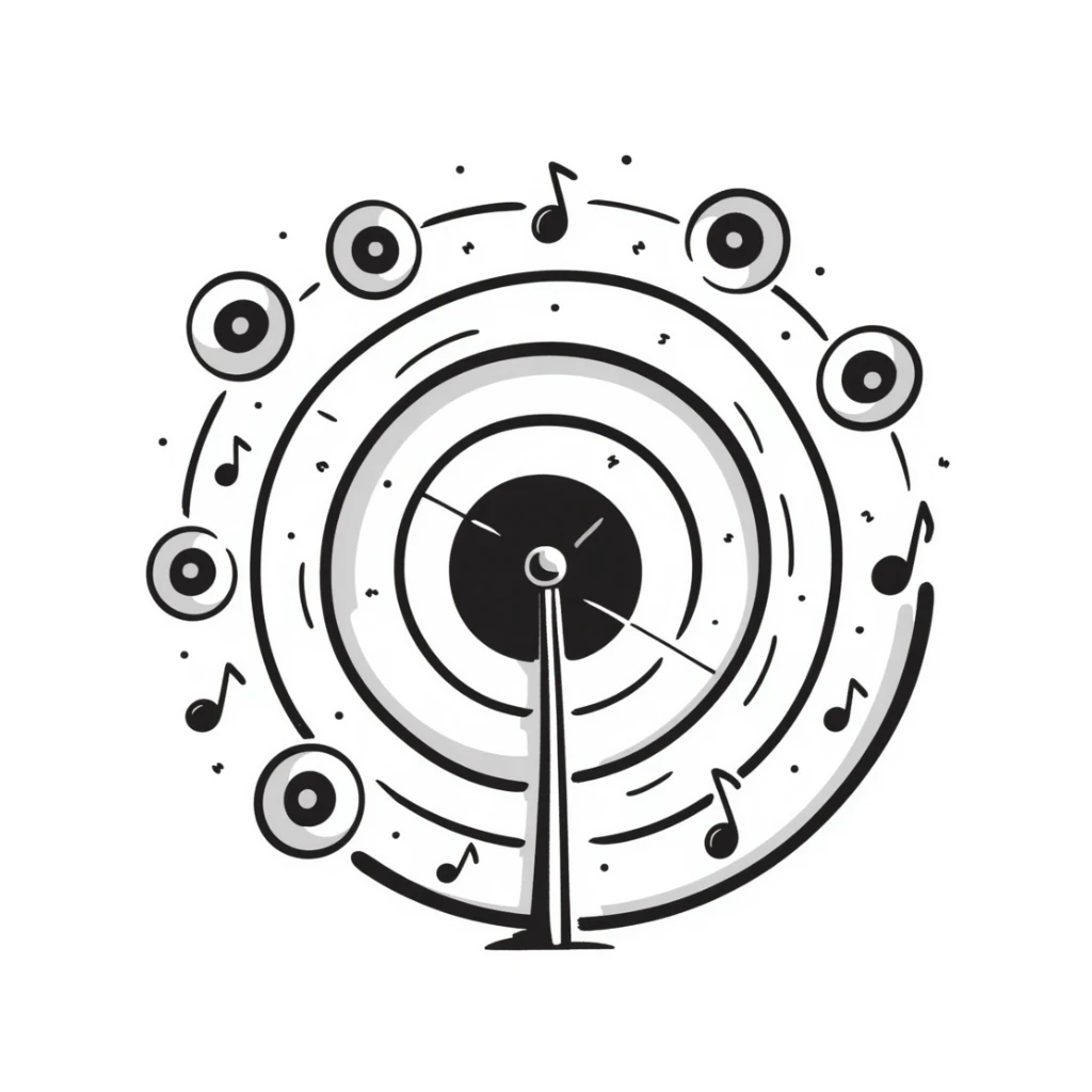 symmetrical target with musical marketing elements such as musical notes, speakers, growth charts, doodle style, square emoji format, suitable for online course cover sticker