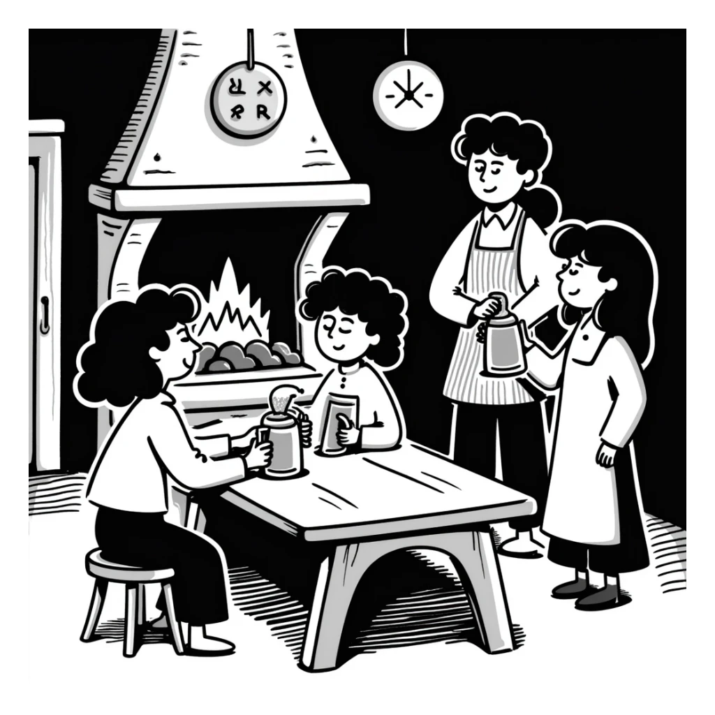 A classic RPG-style tavern scene with pixel characters around a table sticker