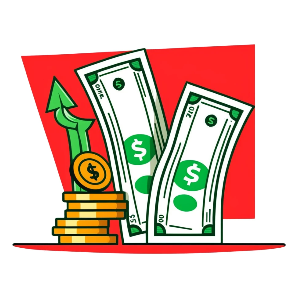 upward green arrow next to a tall growing stack of dollar bills and coins sticker