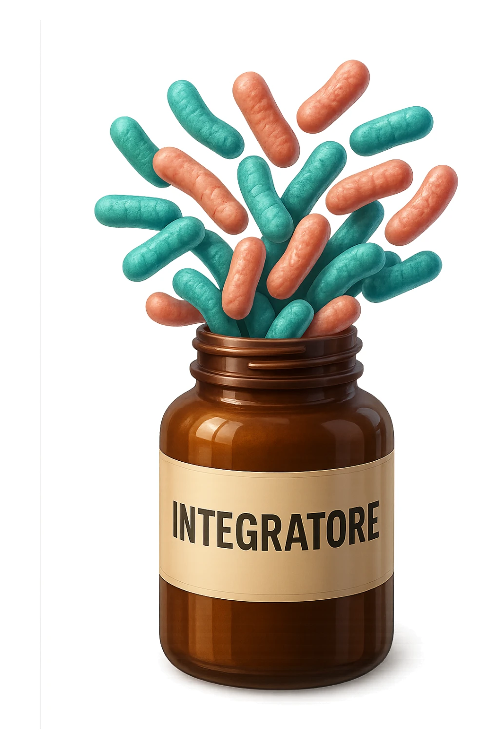 EMOJI STILE IPHONE DI boccetta di integratore con la scritta "INTEGRATORE" SULL'ETICHETTA, con batteri intestinali turchesi e rosa salmone che escono, IPERREALISTICO 4K sticker