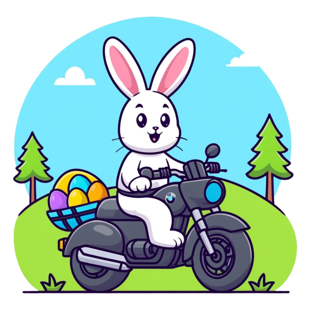 Easter bunny riding a BMW boxer motorcycle with trees and grass in the background and colorful Easter eggs hidden in the grass sticker