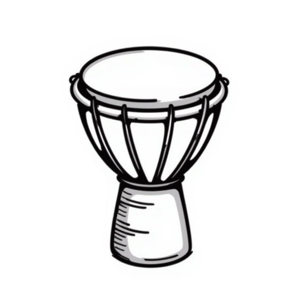 hand-drawn doodle style djembe drum, sketchy lines, black and white sticker