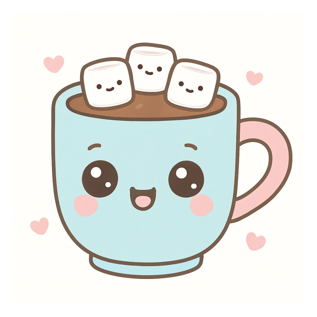 kawaii style hot chocolate mug with a cozy face, marshmallows, and a heart-shaped handle sticker