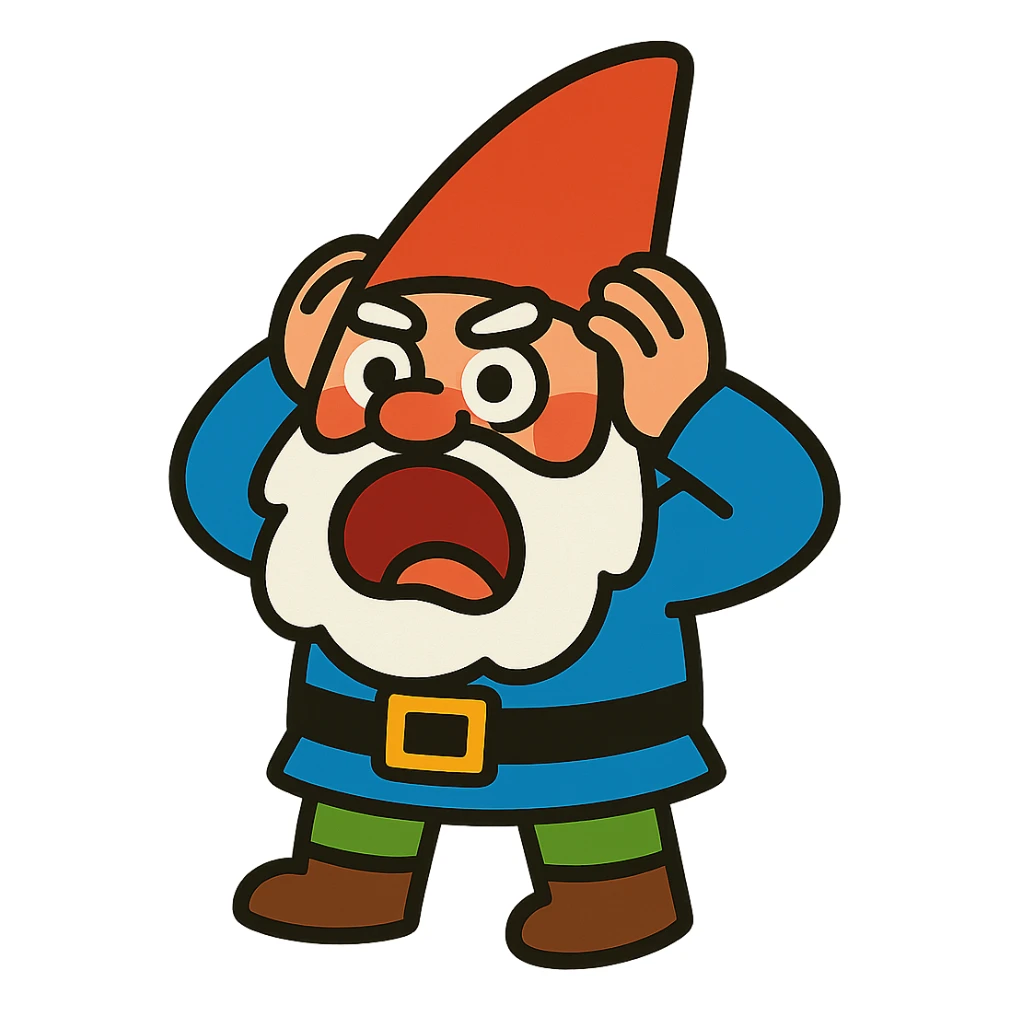 vibrant toon style gnome holding his head and screaming sticker