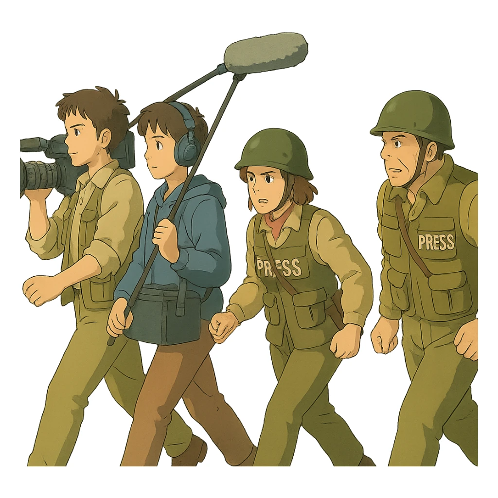 a flim crew, walking from left to right across frame: a cameraman, and a microphone operator, two people, war correspondents, tense moment sticker