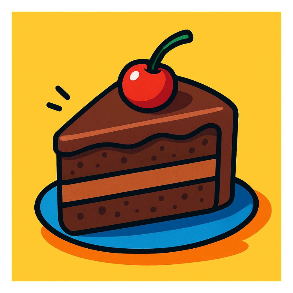 a slice of chocolate cake with a cherry on top, vibrant cartoon style sticker