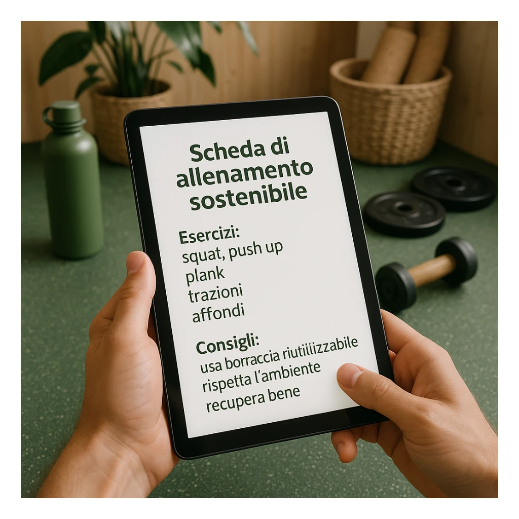 Add Italian text on the tablet with the following content: 'Scheda di allenamento sostenibile', 'Esercizi: squat, push up, plank, trazioni, affondi', 'Consigli: usa borraccia riutilizzabile, rispetta l’ambiente, recupera bene'. Style should be hyperrealistic, 4K, eco-friendly gym. sticker