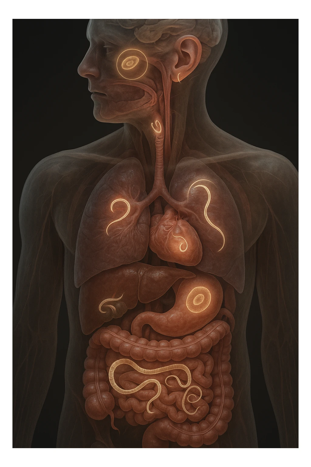 Vertical, hyper-realistic 3D cutaway illustration: the human body is shown in semi-transparent layers, exposing various types of parasites (tapeworms, roundworms, protozoa) inside the digestive tract and other organs. The parasites are rendered in vivid detail, with realistic lighting and shadows. Key areas of infection are highlighted sticker
