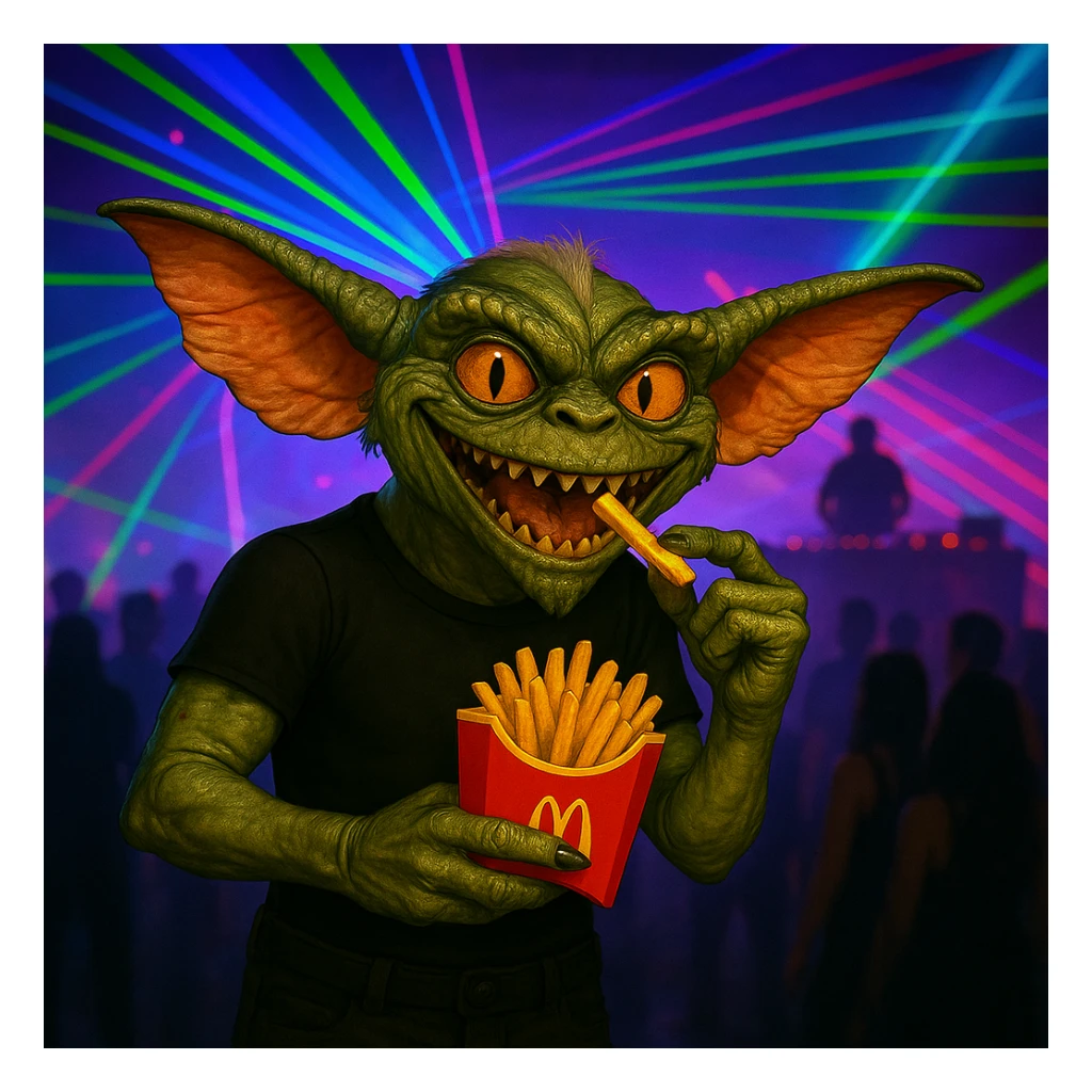 Change the gremlin's see-through top to black, keep the rave and McDonald's fries theme. sticker