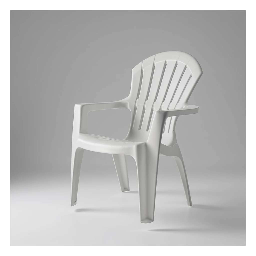 classic molded plastic lawn chair with arched top rail, five vertical back slats, rounded armrests, four tubular legs, suspended naturally in mid-air above a smooth studio floor, realistic lighting, no background clutter, modern product photo style sticker