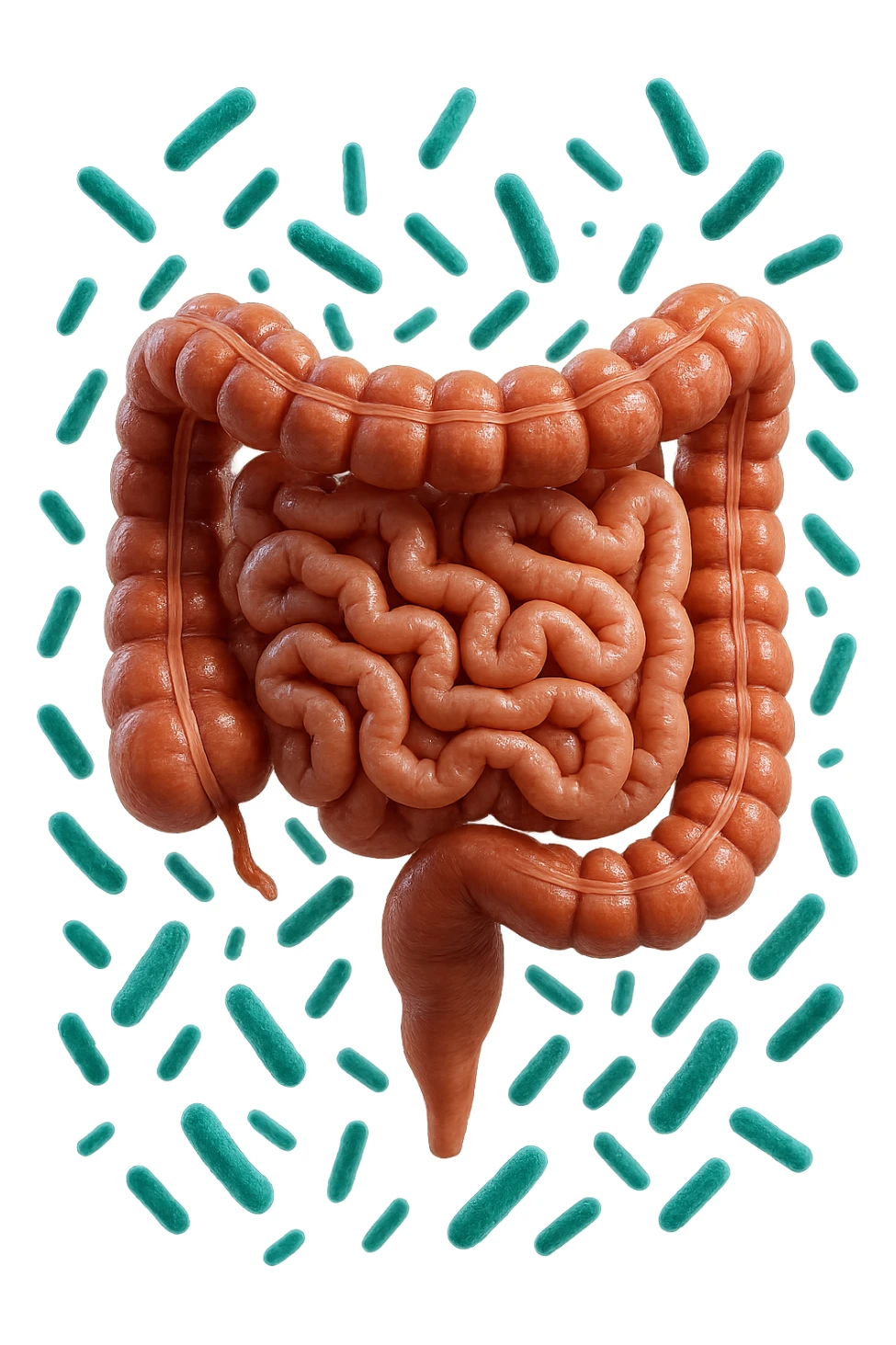intestino umano anatomico realistico con batteri intestinali turchesi che fluttuano intorno, IPERREALISTICA 4K sticker