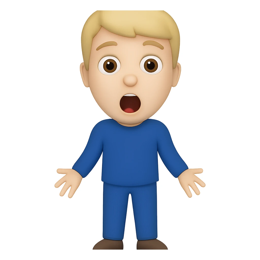 Create a full body surprised young man with mouth open in the same simple emoji style as the reference image, maintaining a transparent background. sticker