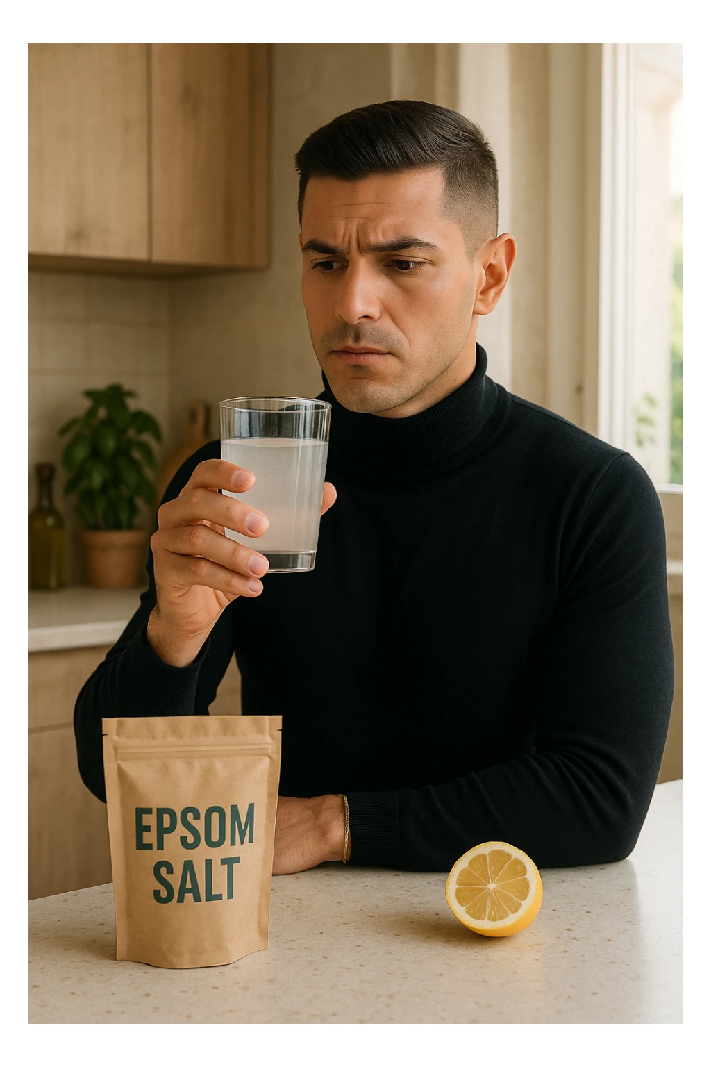 A realistic, bright photo-style image of a young man in his 30s standing in his kitchen, holding a clear glass filled with water in which Epsom salt (magnesium sulfate) has been dissolved. He looks focused but slightly uncertain as he prepares to drink it for a liver flush or digestive cleanse. The glass shows slight cloudiness from the dissolved salt. On the counter are a packet labeled 'Epsom Salt' and a sliced lemon, suggesting he might use it to mask the taste. The setting is clean, natural, and bright with neutral tones. The background shows sunlight streaming through a window, emphasizing a clean, minimalist health-focused environment. The mood conveys a realistic, calm moment of self-care with a hint of discomfort, illustrating a natural detox practice in italiano sticker