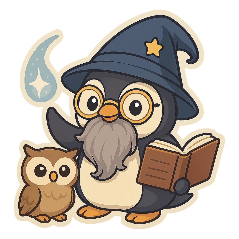 Add a cute pet owl next to the penguin wizard, keeping the whimsical chibi sticker style, with no background. sticker