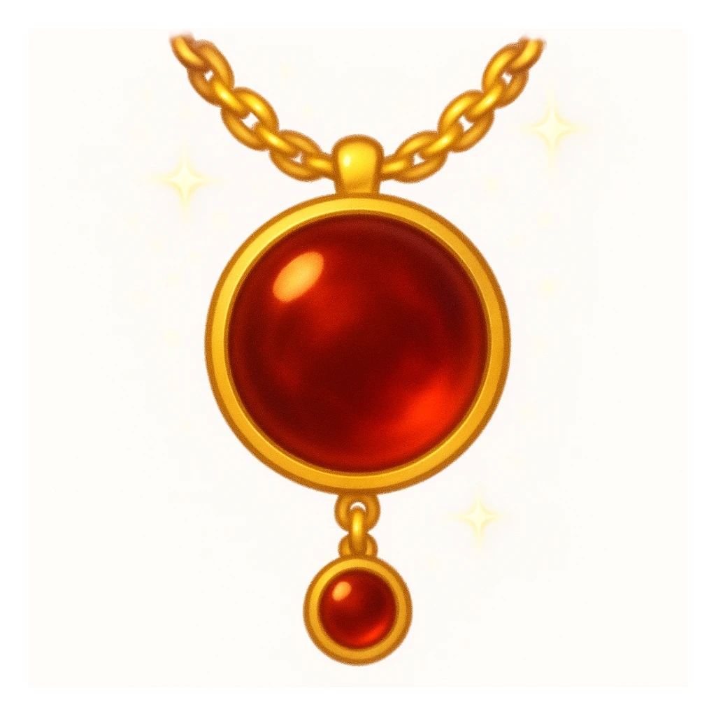 Make the garnet round and glowing wine-red, pulsing with ancient passion and quiet strength, golden chain shimmers like starlight, ethereal and moving, in emoji style sticker