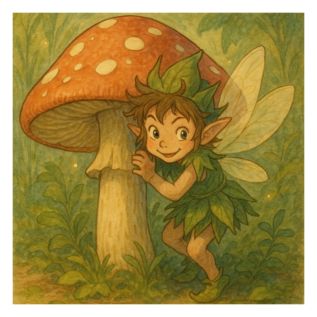 mischievous fairy peeking from behind mushroom, leafy attire, twinkling eyes, storybook illustration style sticker