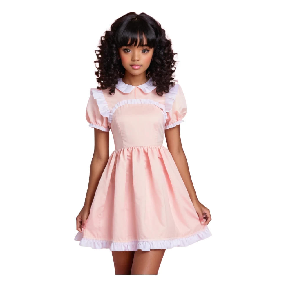 personagem de pele parda, cabelos cacheados pretos de comprimento médio com franja, olhos castanhos, maquiagem de boneca, vestido rosa claro sticker