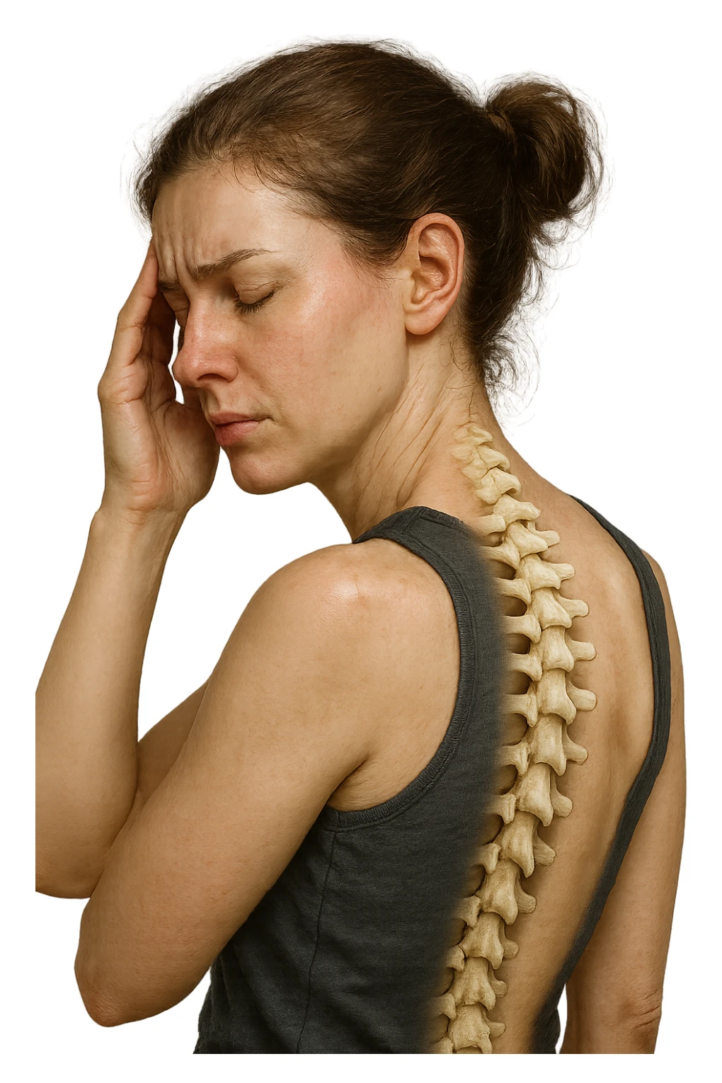 donna stanca che si tiene una mano sulla tempia con spina dorsale anatomica visibile, iperrealistico 4k sticker