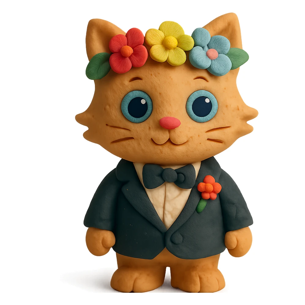 A kitten dressed in a tuxedo and wearing a flower crown sticker
