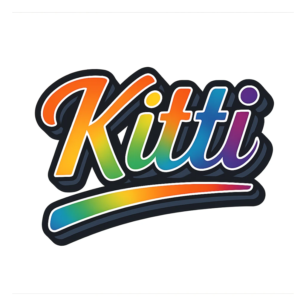 The text 'Kitti' (with a short i and double t) in modern, precise Hungarian letters with a rainbow gradient fill, extra thick white letter outline, dark contour, transparent background, dynamic and slanted underline, styled in the manner of the reference sample images. sticker