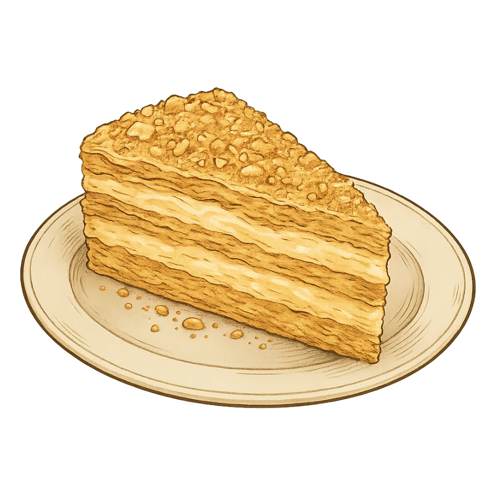 Используя такую стилистику сгенерируй тарелку, на которой лежит только кусок торта Наполеон, прозрачный фон sticker