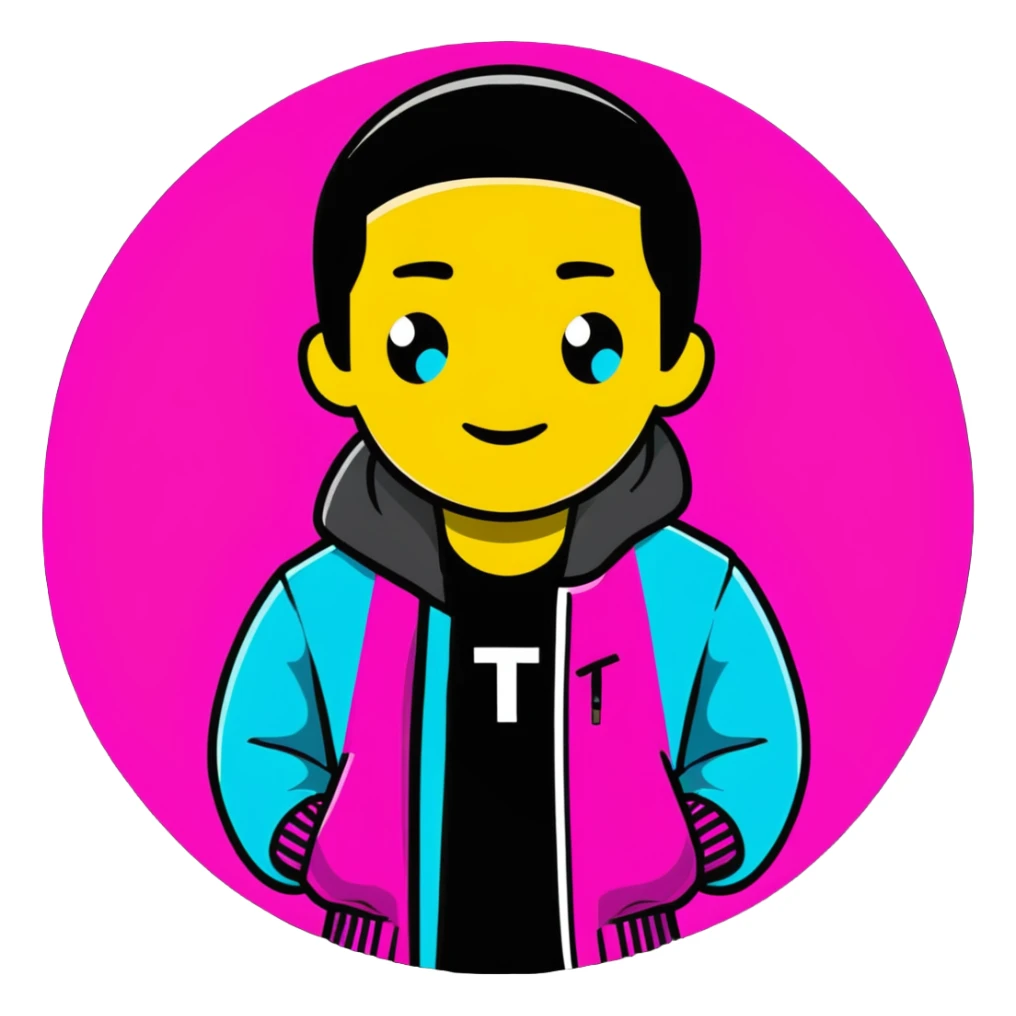 Minimalist sticker with white 'tt' letters on a black circle with cyan, magenta, and yellow dots below, jacket with street style influence sticker