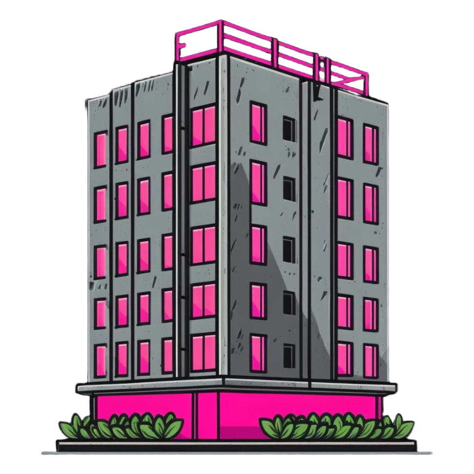 Soviet-era concrete panel apartment building with bright neon pink glow from a window where plants are growing sticker