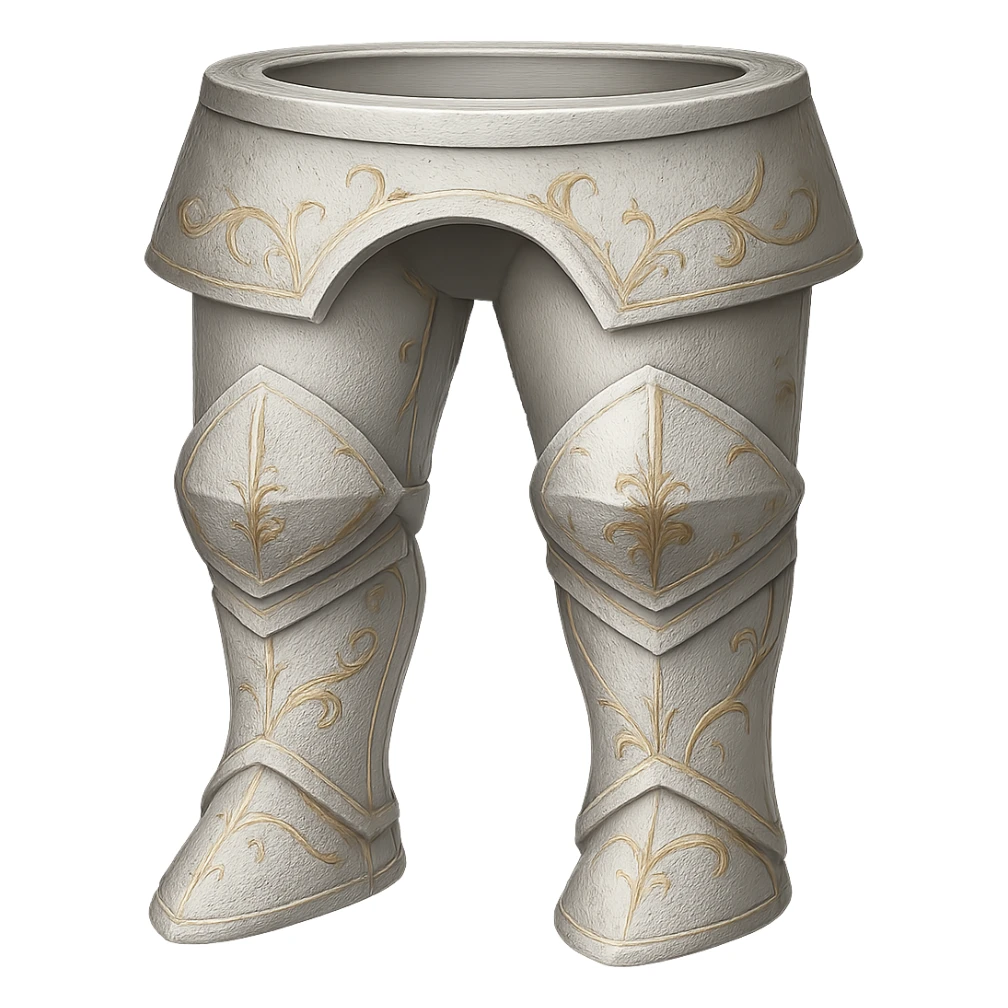 Recolor the platelegs to a very light metallic silver color with subtle, elegant gold engravings. The gold should be soft and not too yellow or green, matching the gold tone and style of the provided silver shield reference. Transparent background. sticker