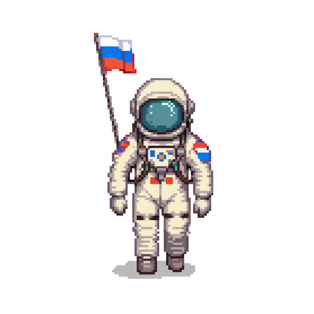 Cosmonaut walking on a planet surface, wearing a spacesuit with Russian flag, light hair and light skin visible through helmet sticker