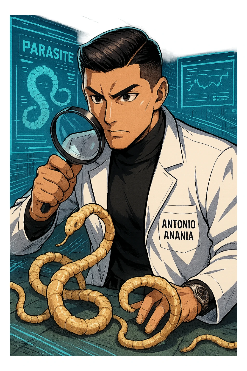 A dynamic manga/webtoon-style illustration of a young male kinesiologist wearing a clean white lab coat, analyzing light beige worms like a tapeworm under a magnifying glass. His expression is focused and slightly intrigued, with sharp, detailed eyes. The art style is vibrant, with bold linework, rich colors, and dramatic lighting. The background is a futuristic laboratory with glowing holographic screens displaying parasite data. The tapeworm is intricately drawn, slimy and segmented, with a slightly exaggerated yet realistic texture. The composition is dynamic, with motion lines or energy effects to emphasize his scientific investigation. The atmosphere is intense but not dark, keeping a balance between scientific seriousness and stylish manga aesthetics, he has "ANTONIO ANANIA" WRITTEN ON WHITE LAB COAT sticker
