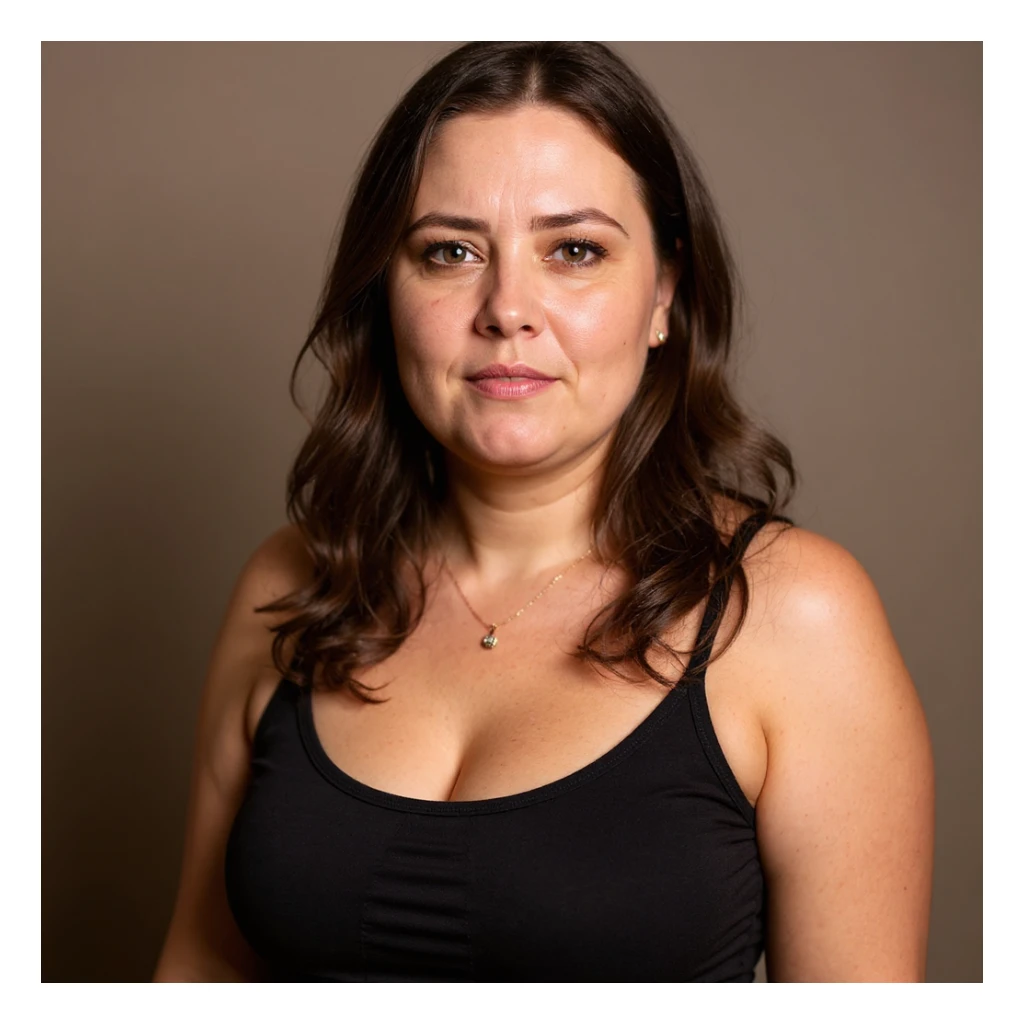 Hyperrealistic vertical portrait inspired by the reference photo: a woman with significant cellulite, visible face showing a desperate and tired expression, identical pose to the photo, extremely detailed skin with realistic texture, natural shadows, neutral background, vertical composition. sticker