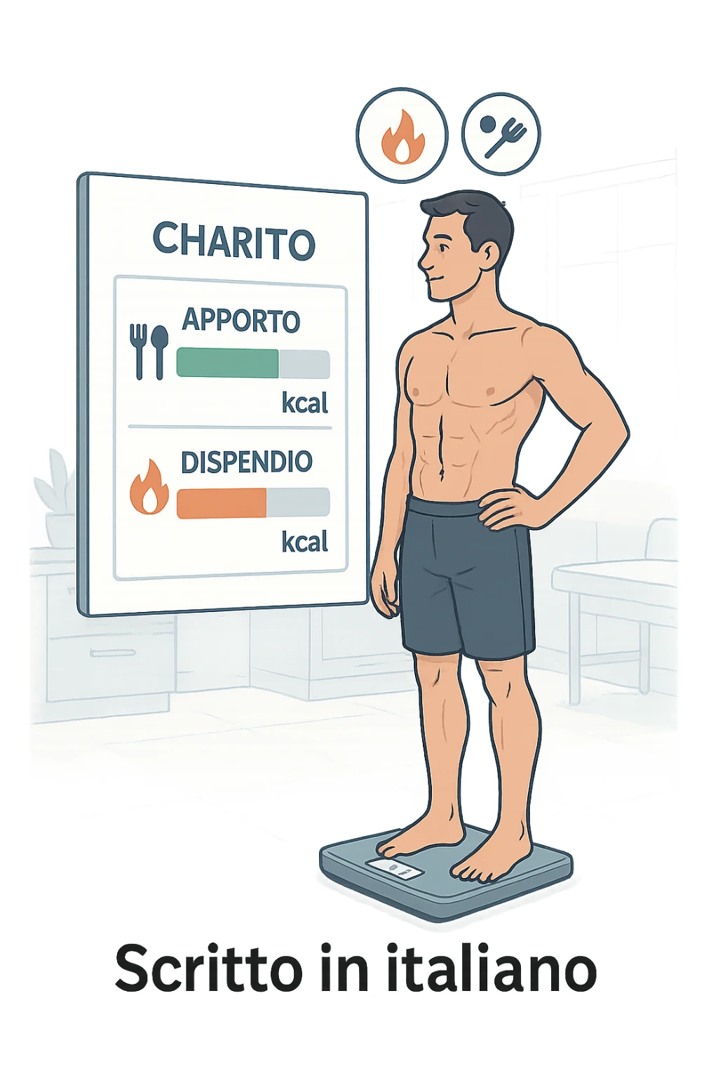 a man stands on a digital scale, looking at a nutrition chart that shows his daily calorie intake is lower than his energy expenditure. Floating icons above his head display a negative calorie balance, and his body appears slightly leaner, with visible muscle definition. The background is a modern clinic, emphasizing the concept of caloric deficit. scritto in italiano sticker