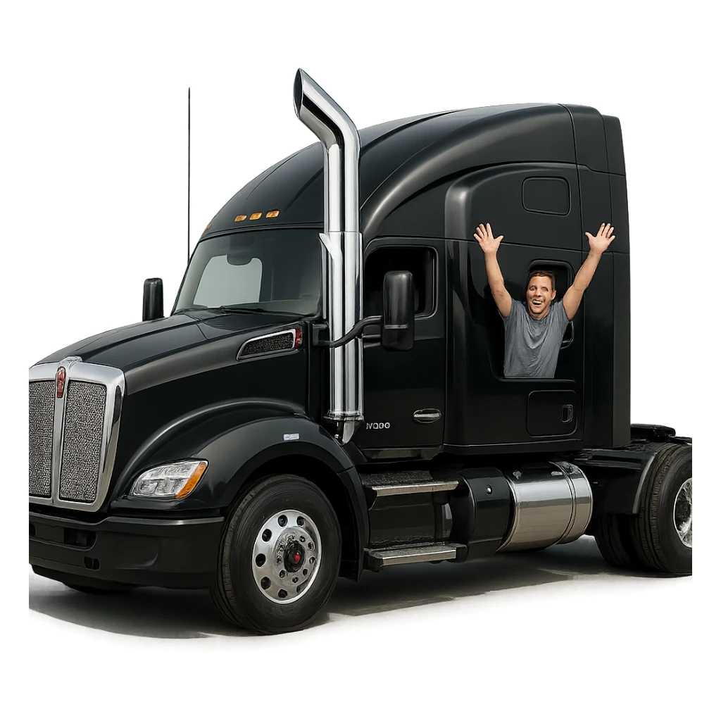 Add a chrome exhaust stack to the black Kenworth W680 sleeper semi truck. Keep the man hanging out the window with arms up. Realistic style with transparent background. sticker