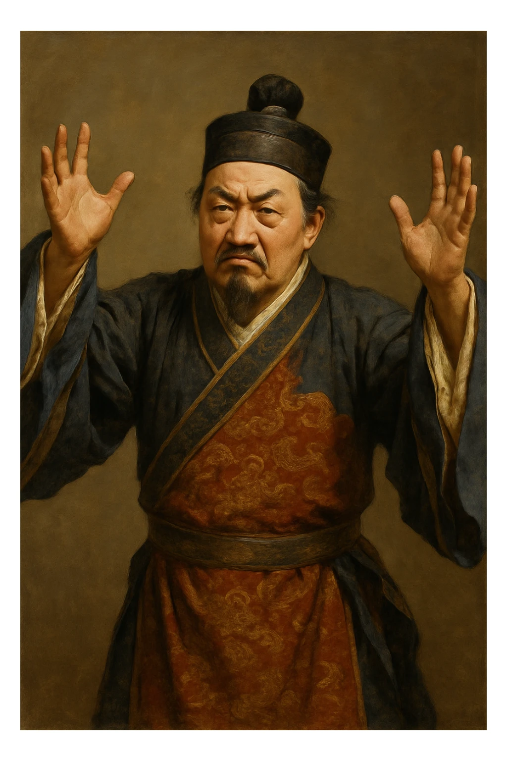 Сгенерируй азиата в национальном средневековым китайском костюме, он чуть недоволен и размахивает руками, в стиле реалистичной живописи. ОН ПОЛНОСТЬЮ ПОМЕЩАЕТСЯ НА ИЗОБРАЖЕНИЯ И НЕ ОБРЕЗАЕТСЯ ЕГО КРАЯМИ. На однородном фоне sticker