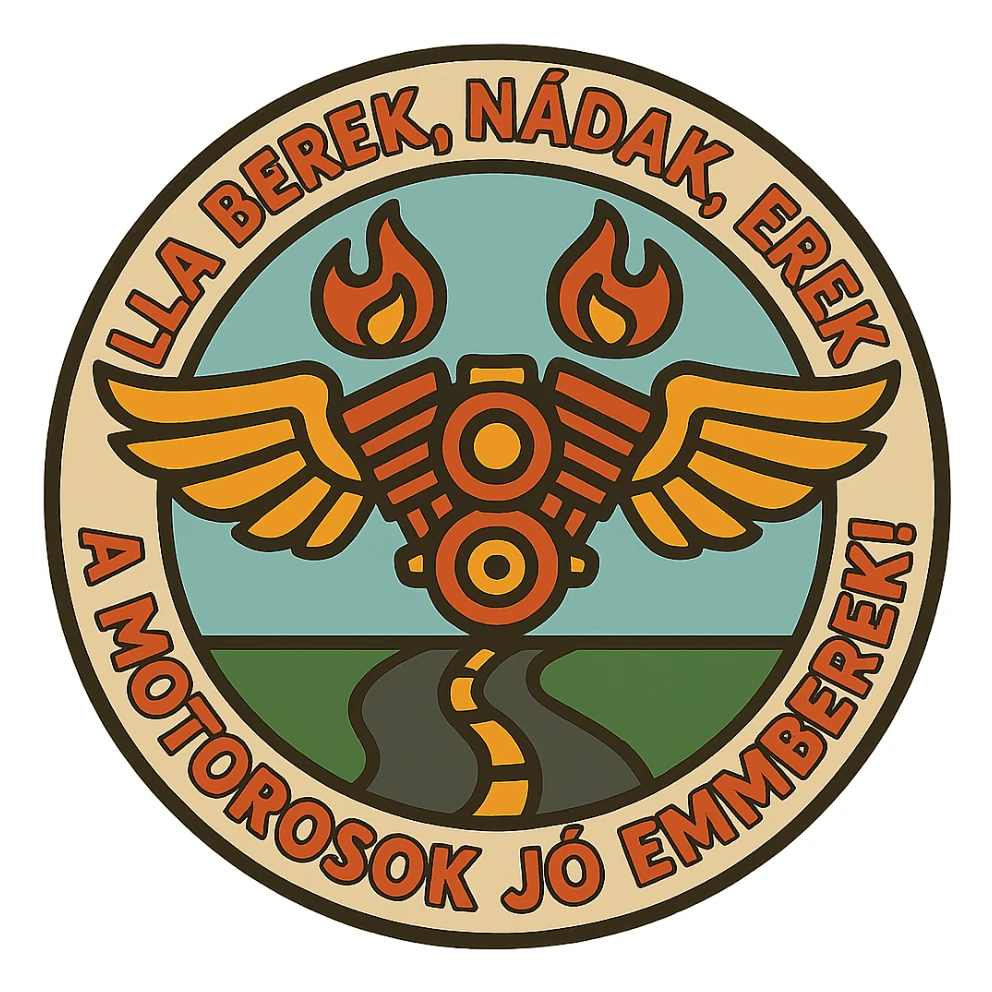 Edit the image to correct the text to exactly: 'ILLA BEREK, NÁDAK, EREK A MOTOROSOK JÓ EMBEREK!' Keep the graphic, style, and layout unchanged. The image should remain circular with a transparent background. Maintain the main motorcycle motifs but create 10 different variations with slight differences in colors or details while preserving the core theme and style. sticker