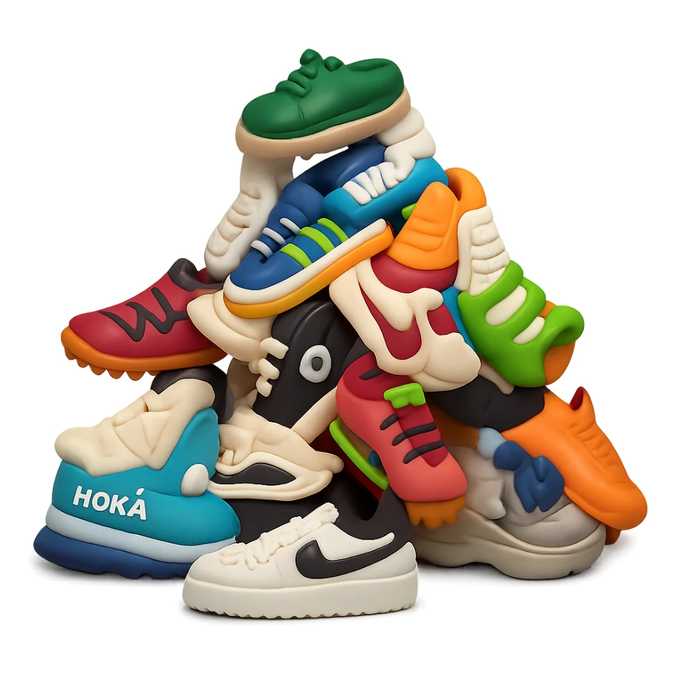 Make the pile of mixed sneakers in a 3D emoji style, using the same polished, semi-realistic texture and finish as the reference Nike Air Force 1 sneaker. Keep the look clean and modern, with a transparent background. The style should emulate the 3D emoji style with polished and semi-realistic textures. sticker