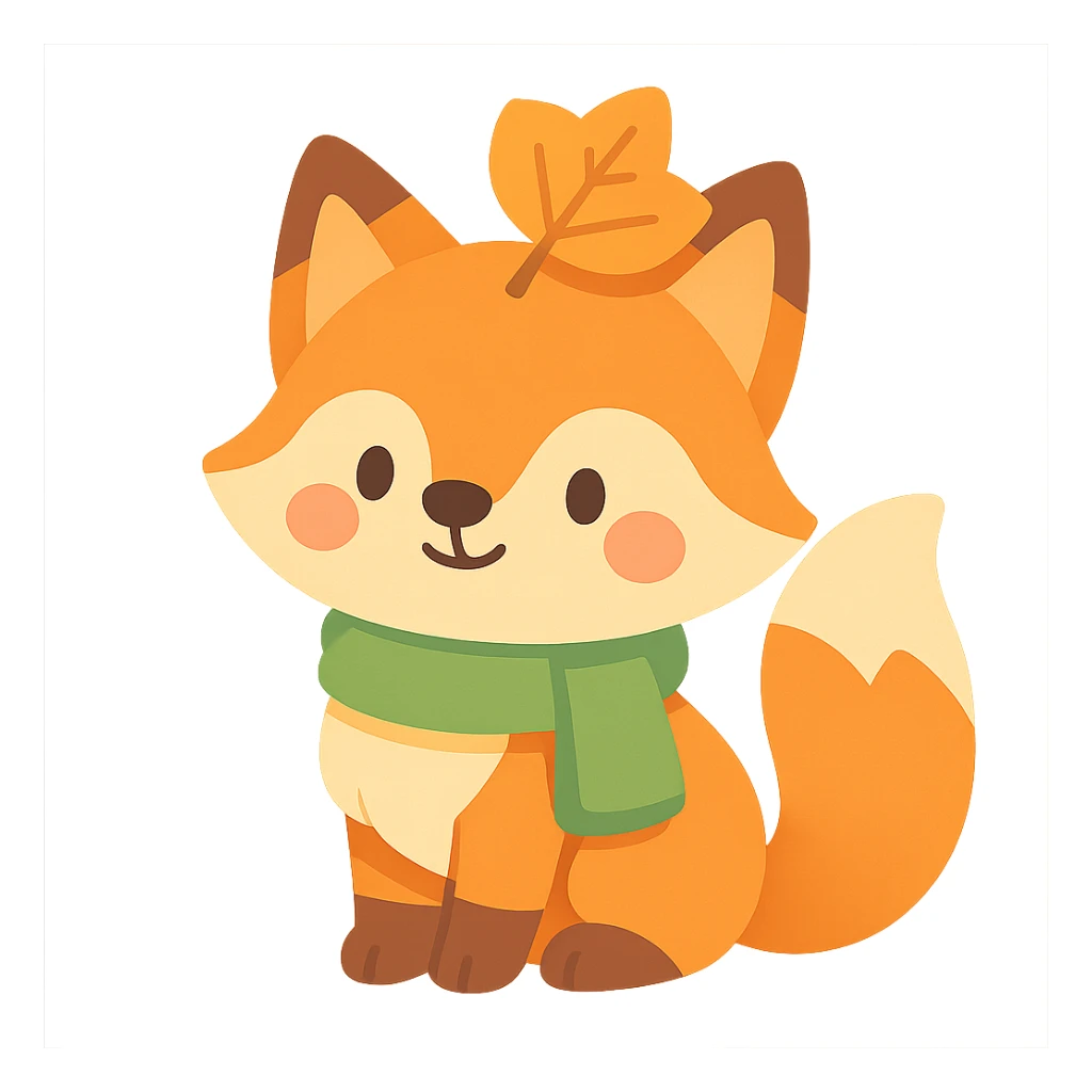 fox wearing a leaf hat and scarf, cute autumn soft style, soft pastel colors, vibrant toon style sticker