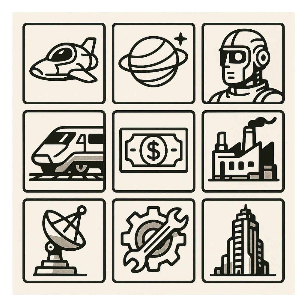 large resolution square minimal icons, space semiotic, black print on white background, square outline icons, sleek symbols, transportation, economy, engineering, industry. Designed for signage. futuristic dystopian futurepunk cyberunk sticker