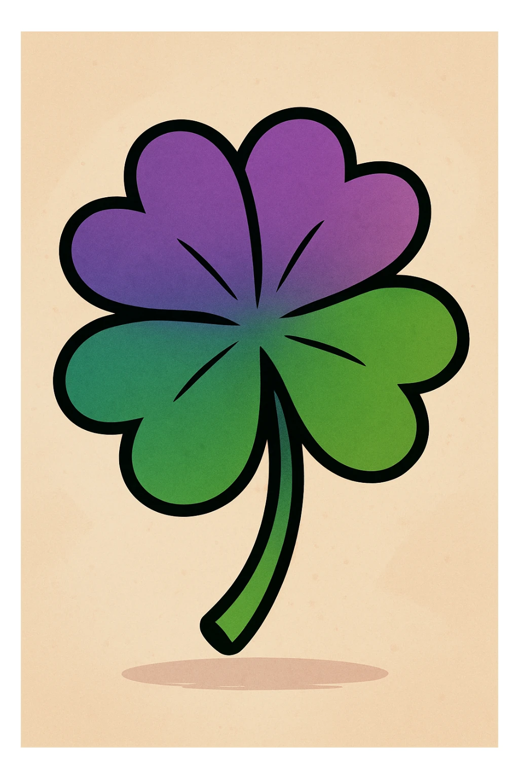 cartoon style four leaf clover with a top to bottom gradient from purple to green sticker