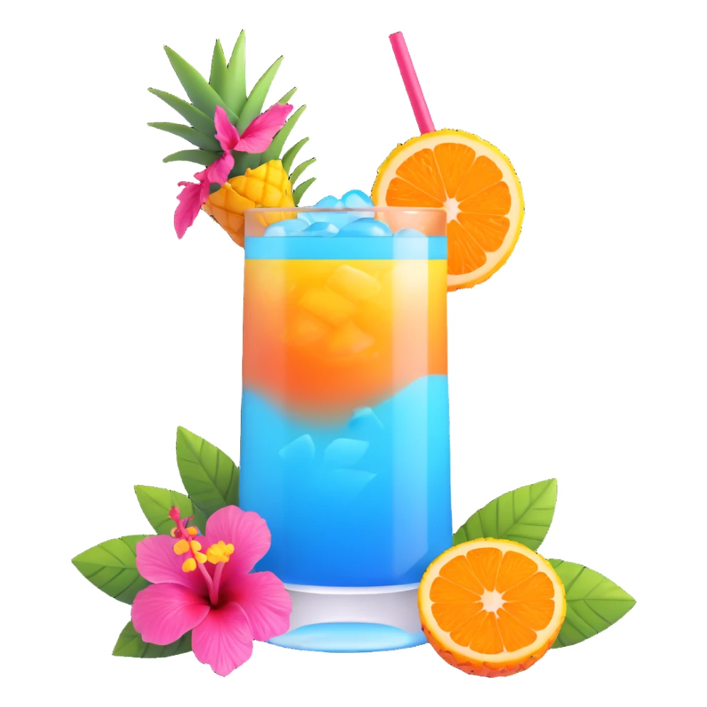 vibrant tropical fruity blue cocktail with hibiscus, pineapple and orange garnishes sticker