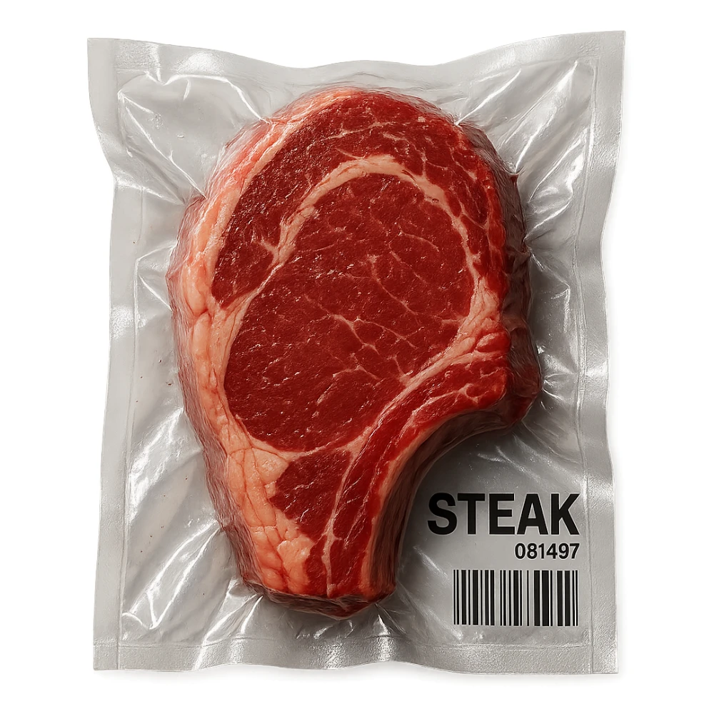 steak, glossy and puffy vacuum-sealed style sticker