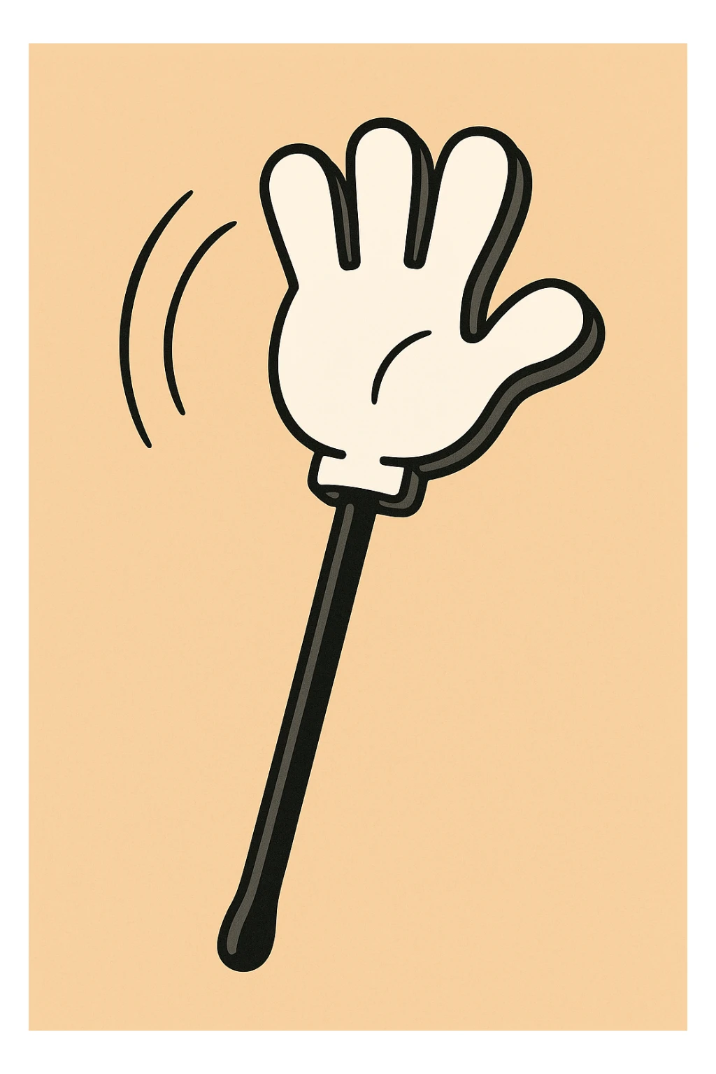 cartoon style slap hand toy with white palm, black stick, outlined in black sticker