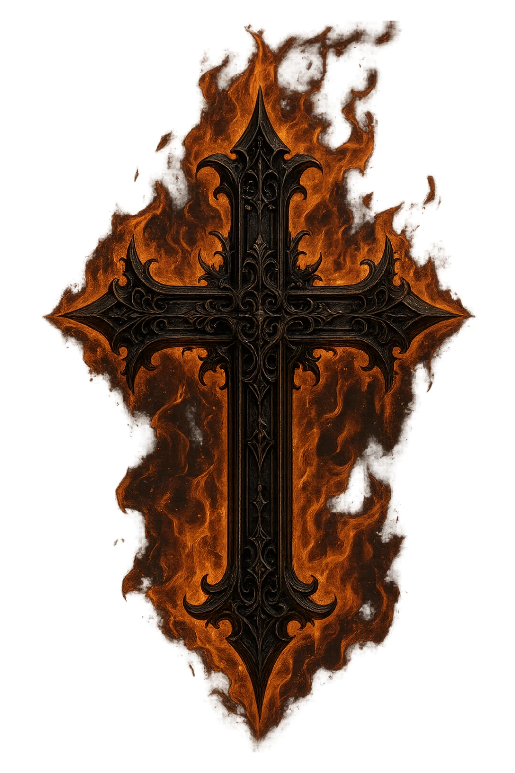 gothic style cross with flame effect, dramatic gothic design, transparent background sticker
