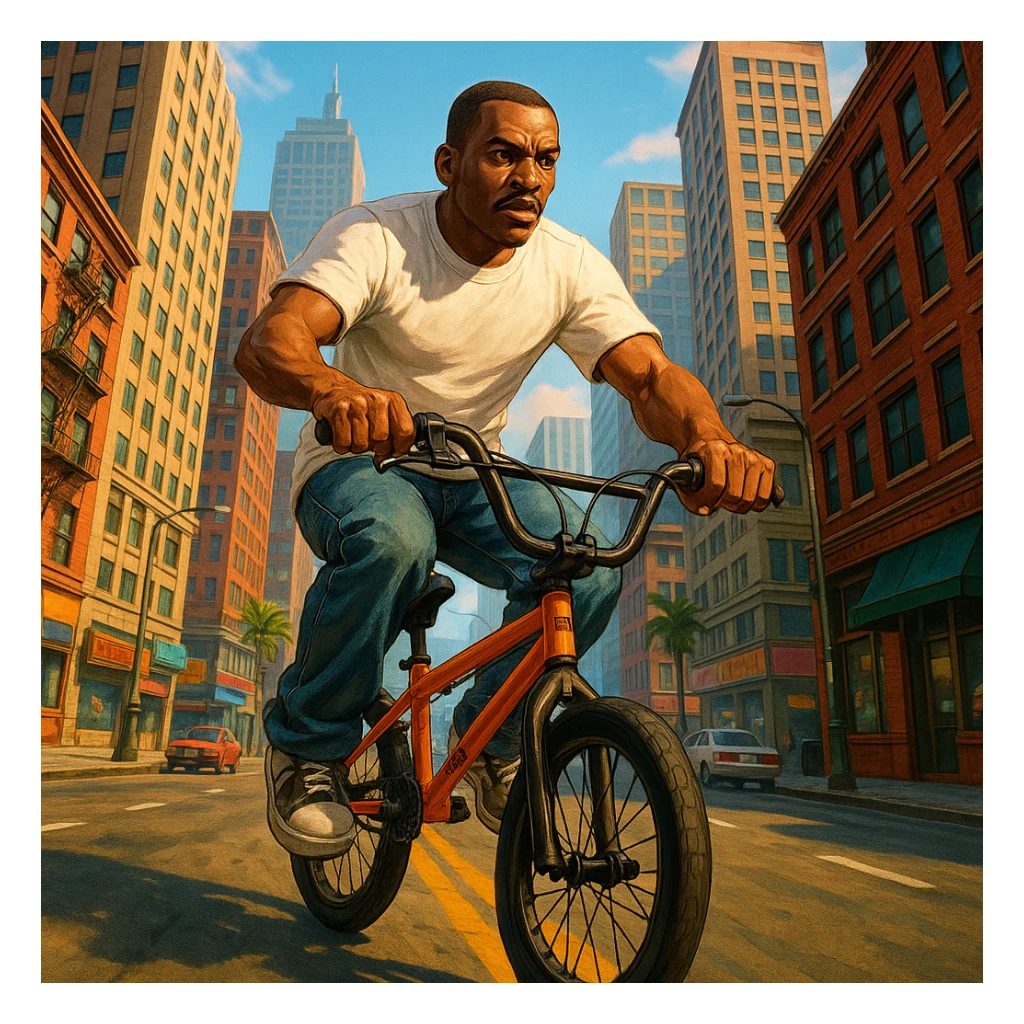 CJ from GTA San Andreas riding a BMX in a city background sticker