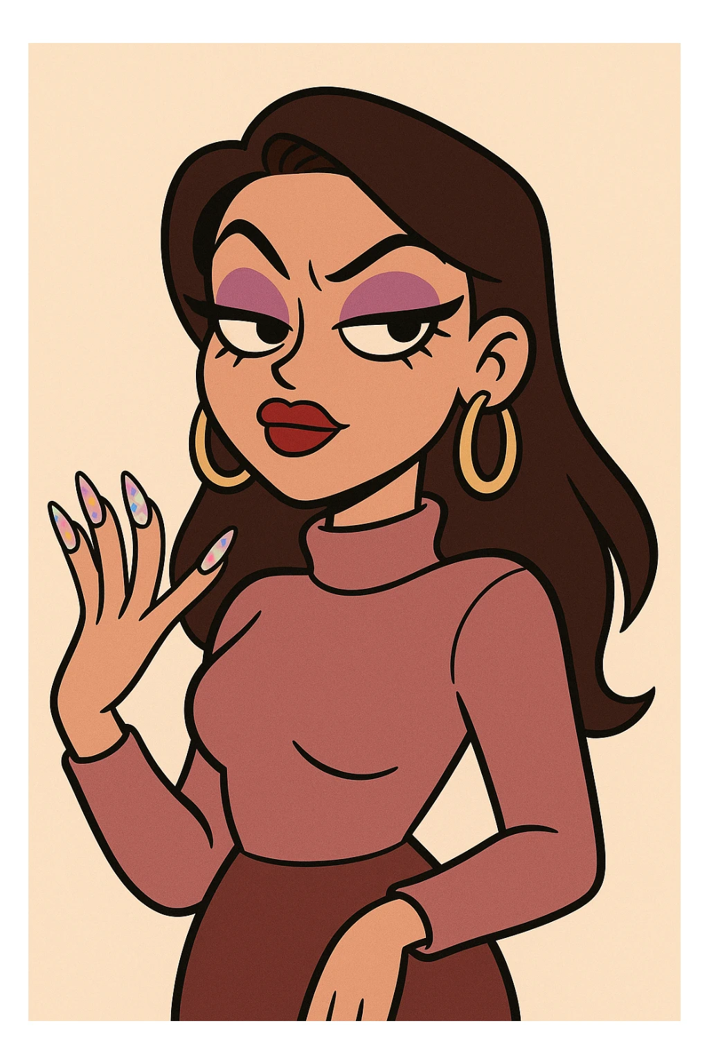 confident stylish woman with long decorated nails bold makeup sassy expression modern cartoon style sticker